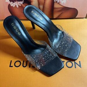 Bebe Black and Clear rhinestone stilletto mule